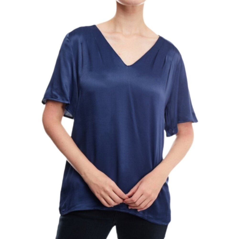 Massimo Dutti Satin Vneck Top Navy Blue Pleated Knit Back Short Sleeve